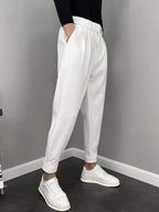 Calça Masculina Casual Plissada de Algodão e Poliéster.