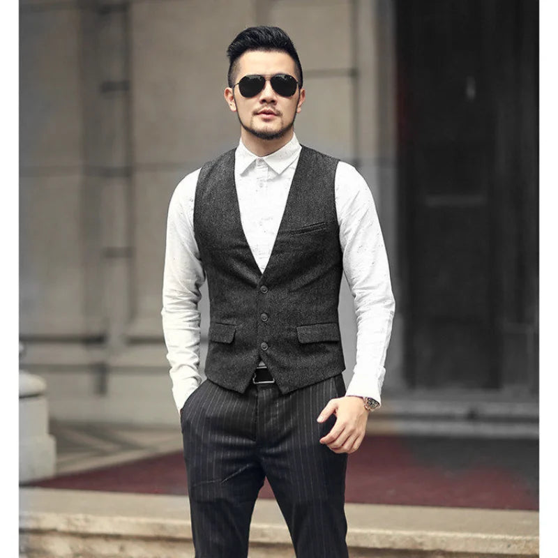 Colete Masculino Slim de Lã com Estampa Espinha de Peixe