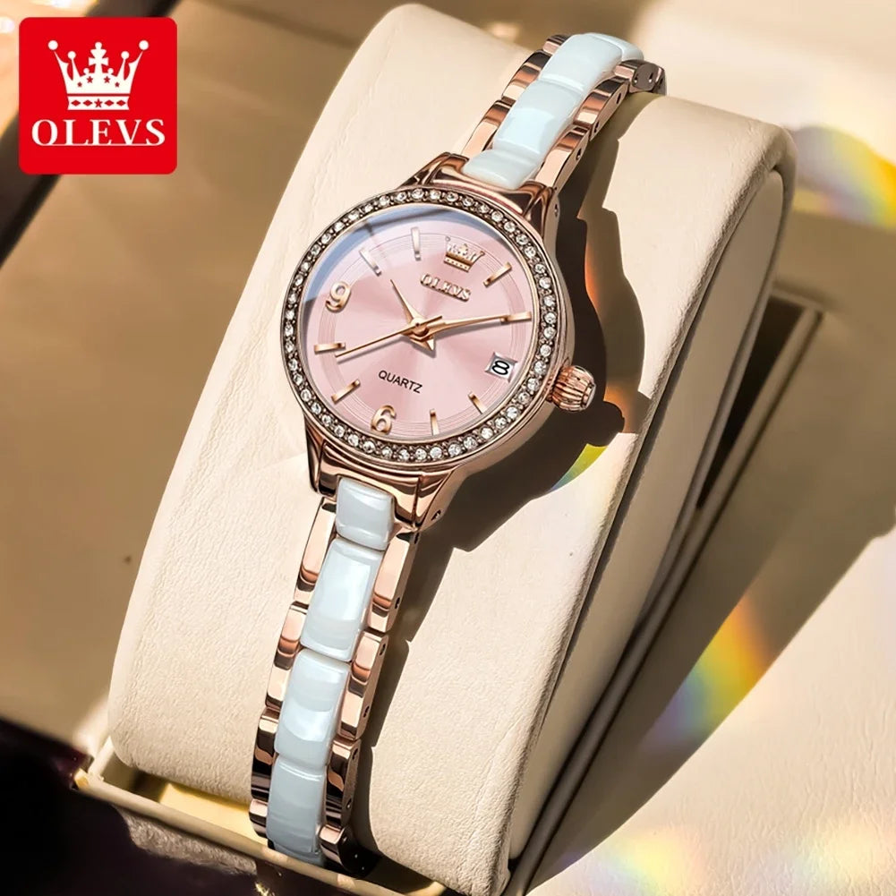 Relógio Feminino de Luxo em Quartzo com Pulseira de Cerâmica e Data Automática