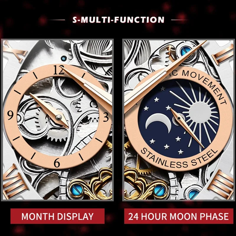 Garb Orologio Imperiale – Relógio Mecânico Masculino Automático Esqueleto em Couro Legítimo e Aço Inoxidável