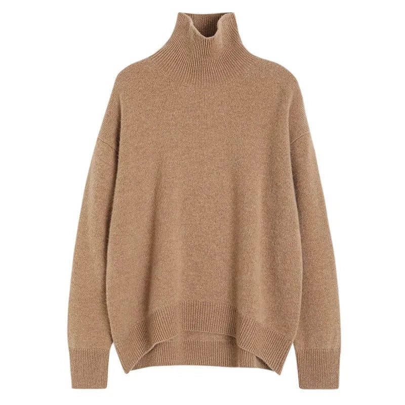 Suéter Feminino de Cashmere com Gola Alta e Corte Solto.