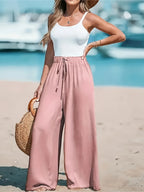 Calça Feminina de Perna Larga de Cintura Alta com Cordão.