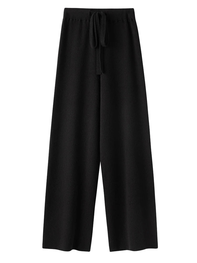 Calça Feminina de Malha Larga em Lã Merino.