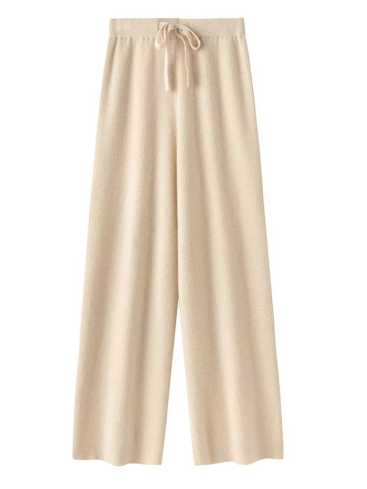 Calça Feminina de Malha Larga em Lã Merino.