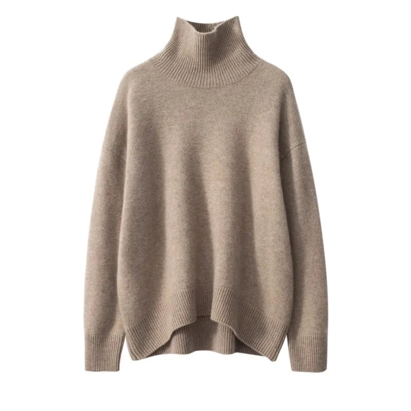 Suéter Feminino de Cashmere com Gola Alta e Corte Solto.