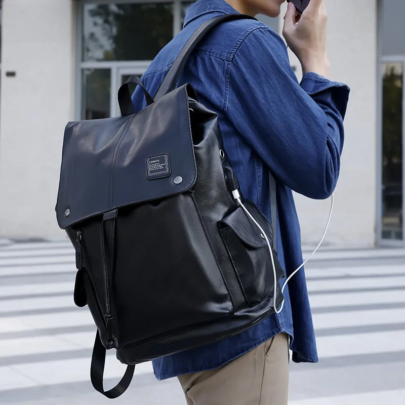 Mochila Masculina Softback em Couro PU Estilo Preppy.