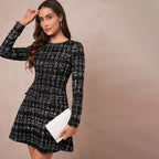 Vestido Feminino Mini Manga Longa Estilo Chanel