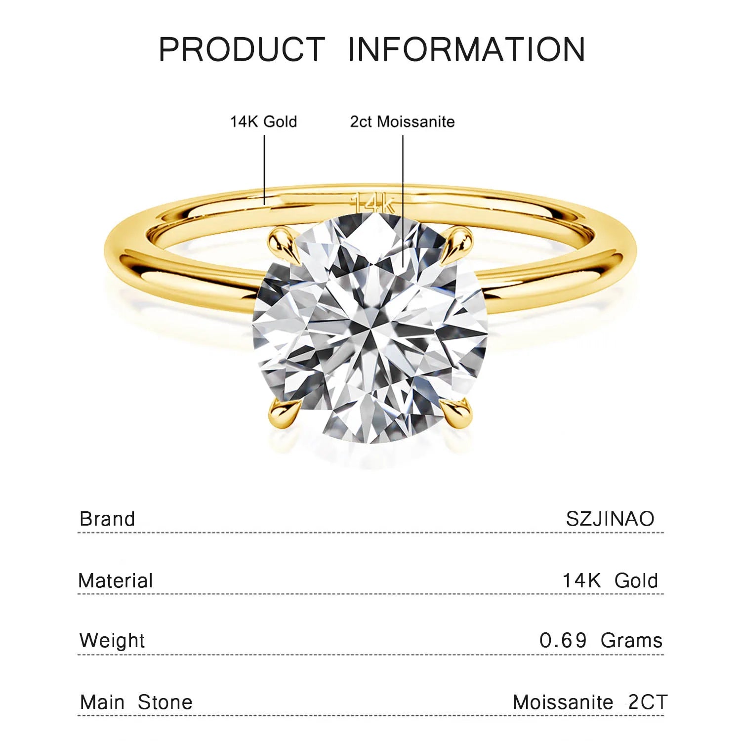 Garb Eterna Luce – Anel Feminino Solitário de Moissanite em Ouro 14K.