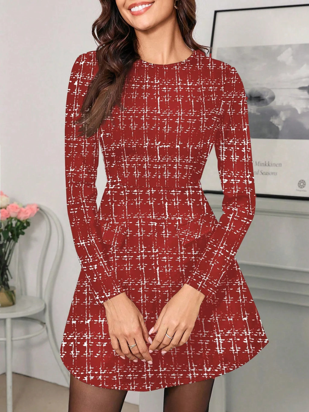 Vestido Feminino Mini Manga Longa Estilo Chanel