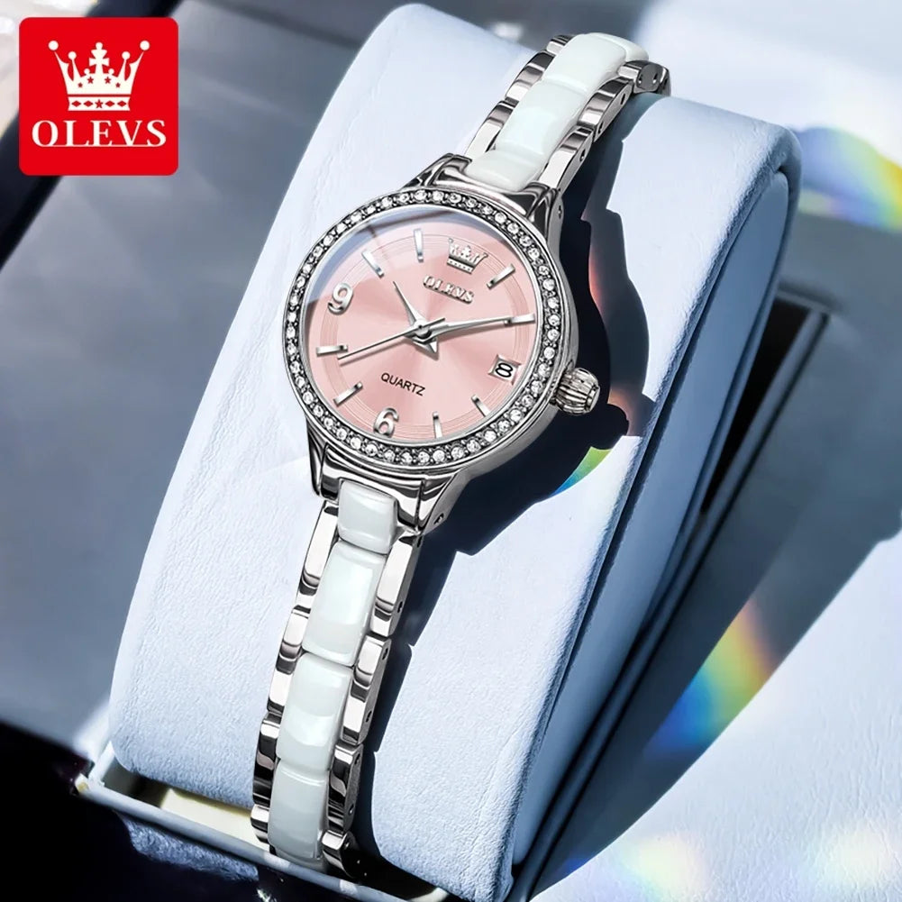 Relógio Feminino de Luxo em Quartzo com Pulseira de Cerâmica e Data Automática