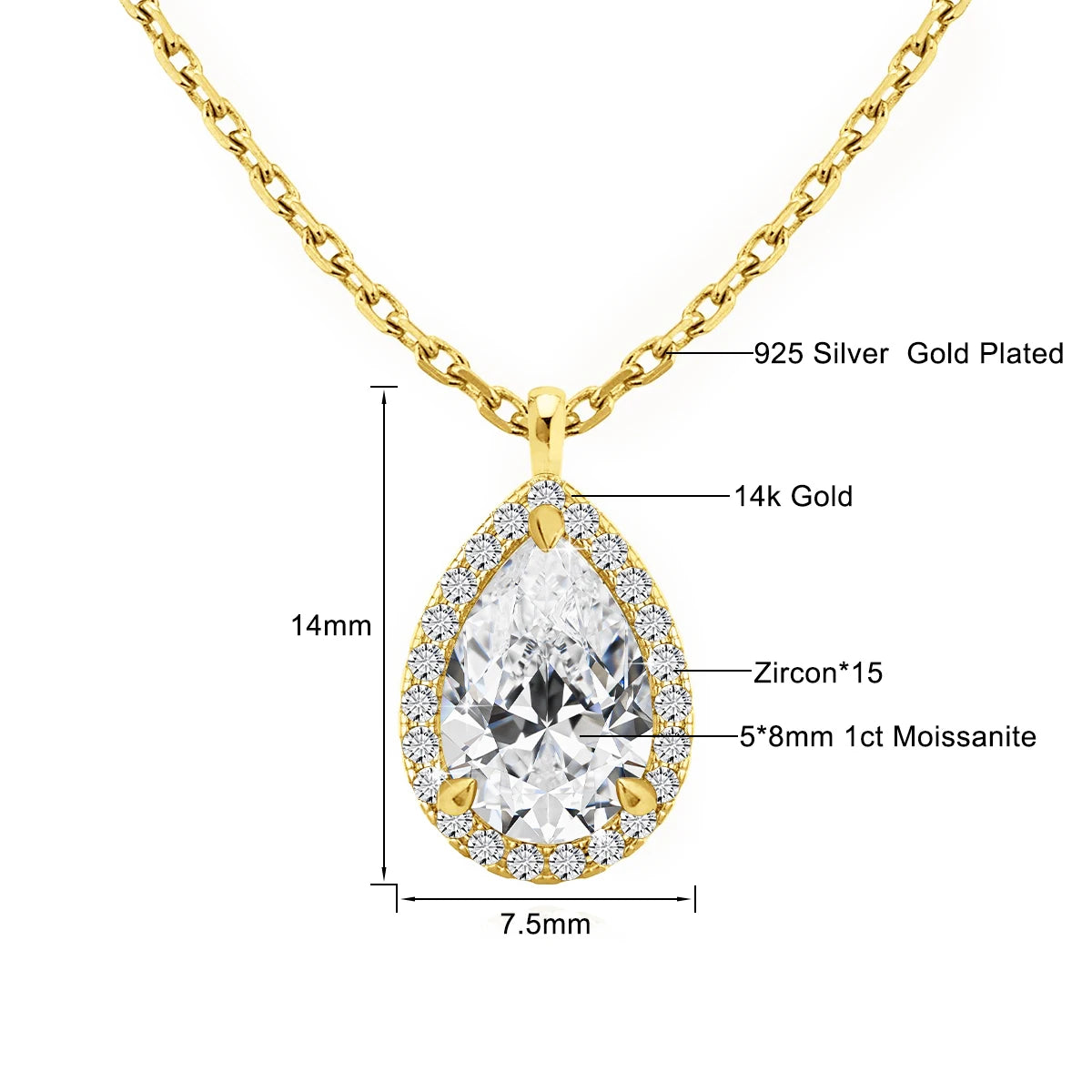 Garb Lacrima di Luce – Colar com Pingente de Moissanite Halo em Ouro 14K com Lapidação Pera