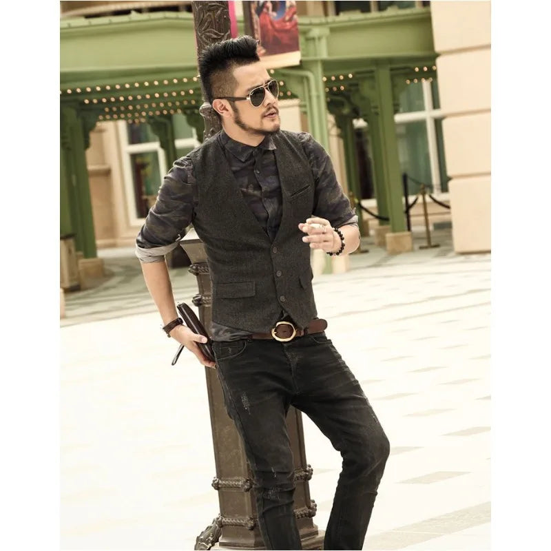 Colete Masculino Slim de Lã com Estampa Espinha de Peixe