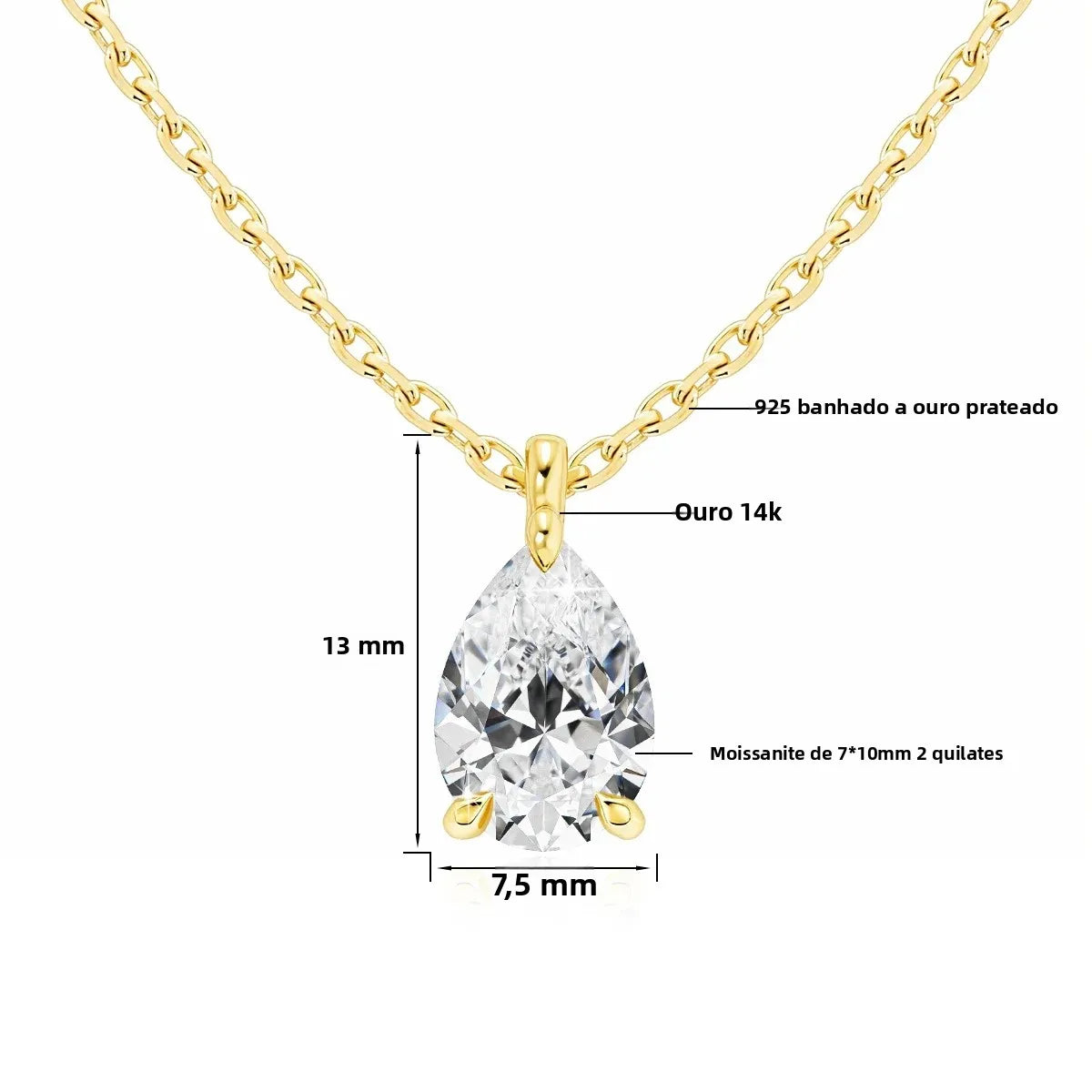 Colar Feminino com Pingente de Moissanite em Ouro 14K.