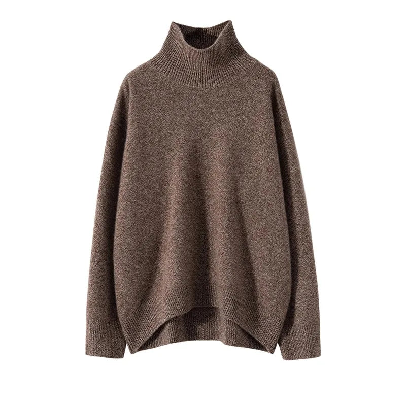 Suéter Feminino de Cashmere com Gola Alta e Corte Solto.