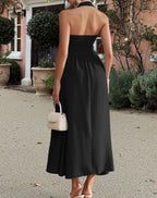 Vestido Feminino Longo de Verão com Decote Quadrado e Detalhe Costas Abertas.