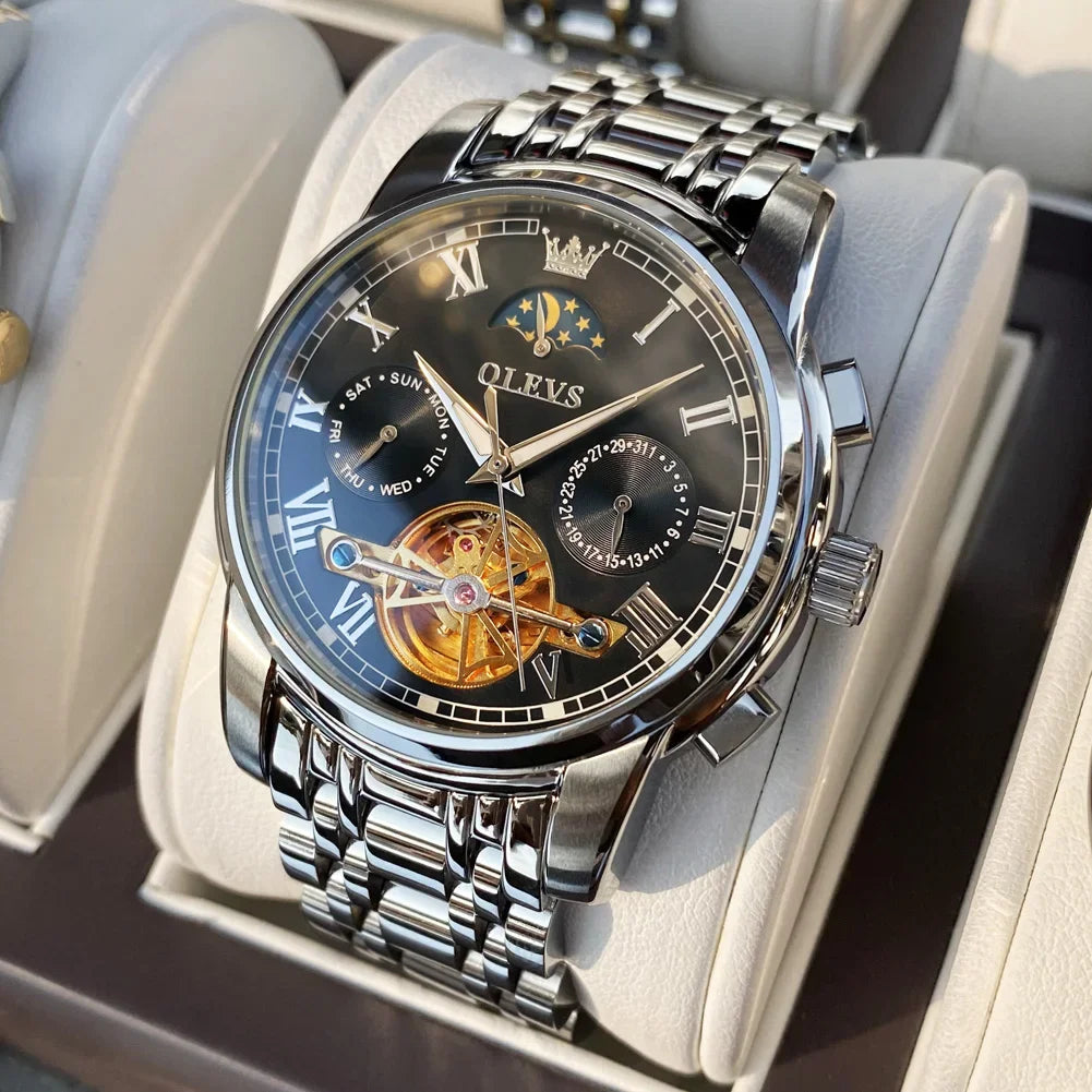 Relógio Masculino Automático Esqueleto em Aço Inoxidável com Cristal de Safira.