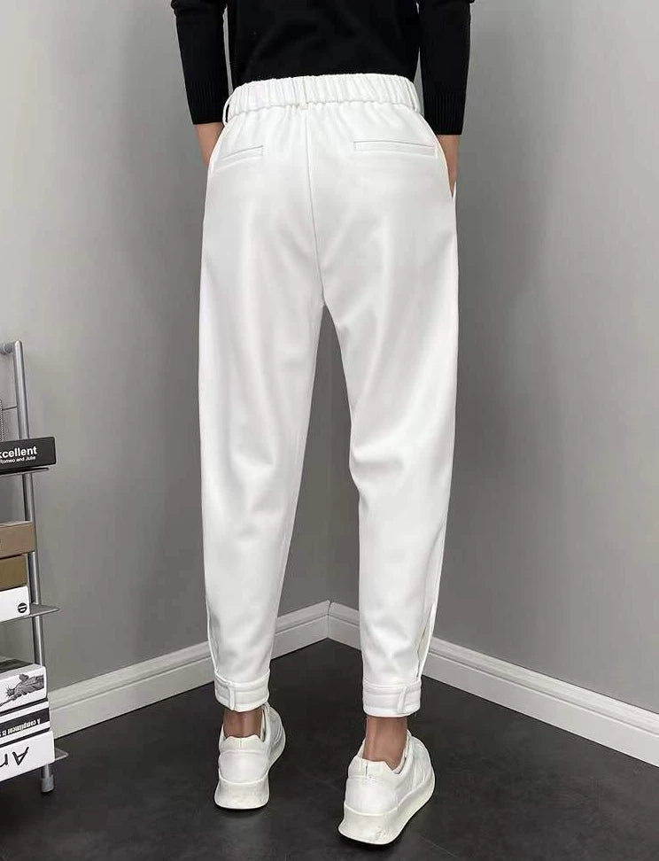 Calça Masculina Casual Plissada de Algodão e Poliéster.