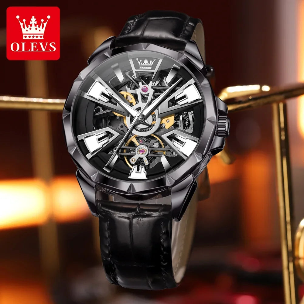 Relógio Mecânico Masculino Automático com Design Oco e Resistência à Água.