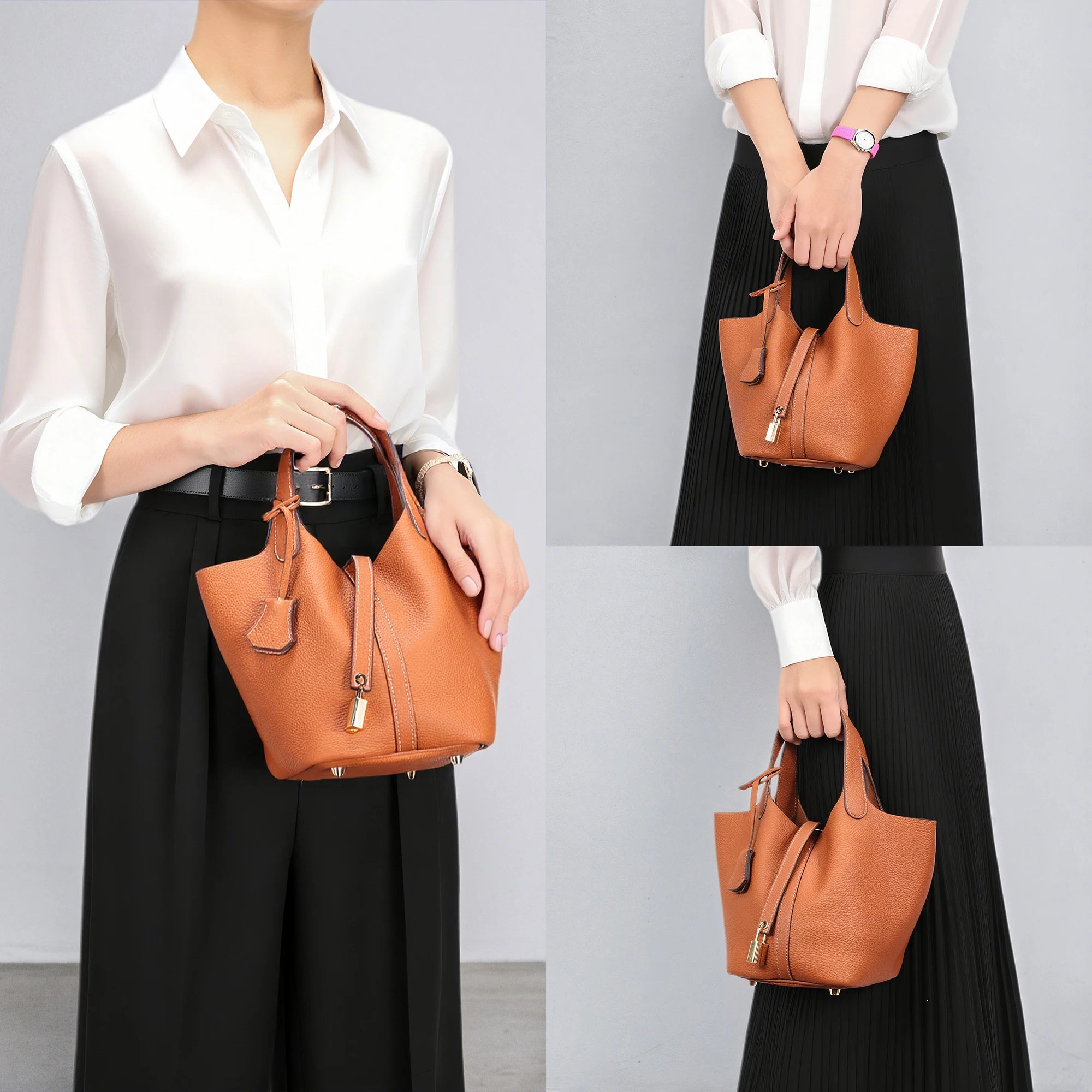 Bolsa Feminina Tipo Balde em Couro Legítimo Premium com Forro em Couro e Acabamento Artesanal