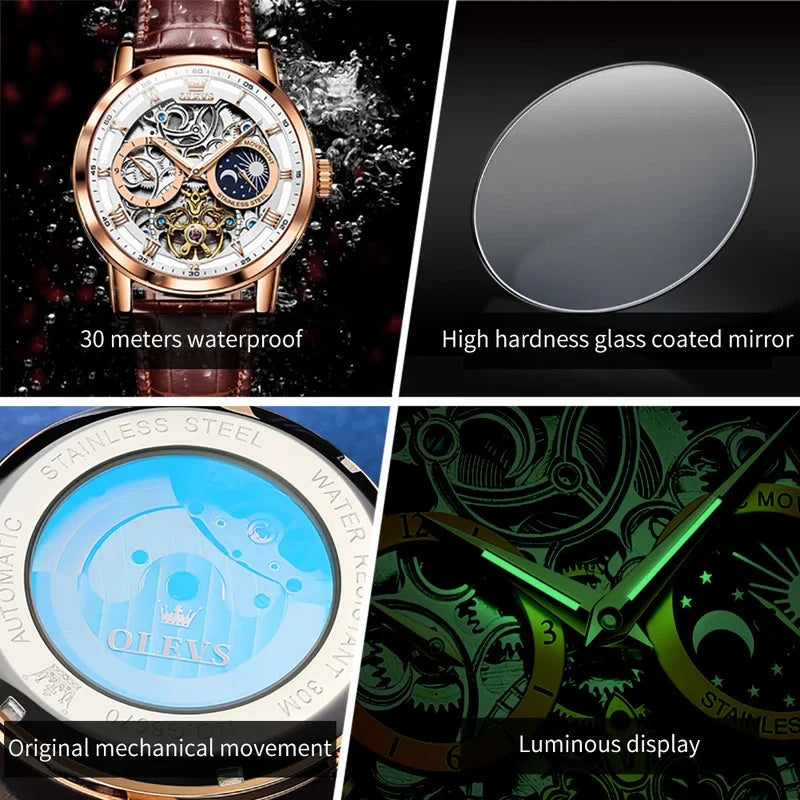 Relógio Mecânico Masculino com Mostrador de Fases da Lua e Pulseira em Couro Genuíno