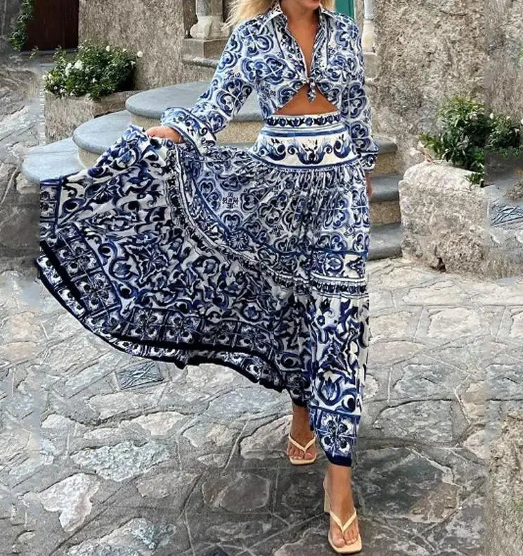 Conjunto Feminino Estampado de Blusa e Saia Midi em Poliéster Premium