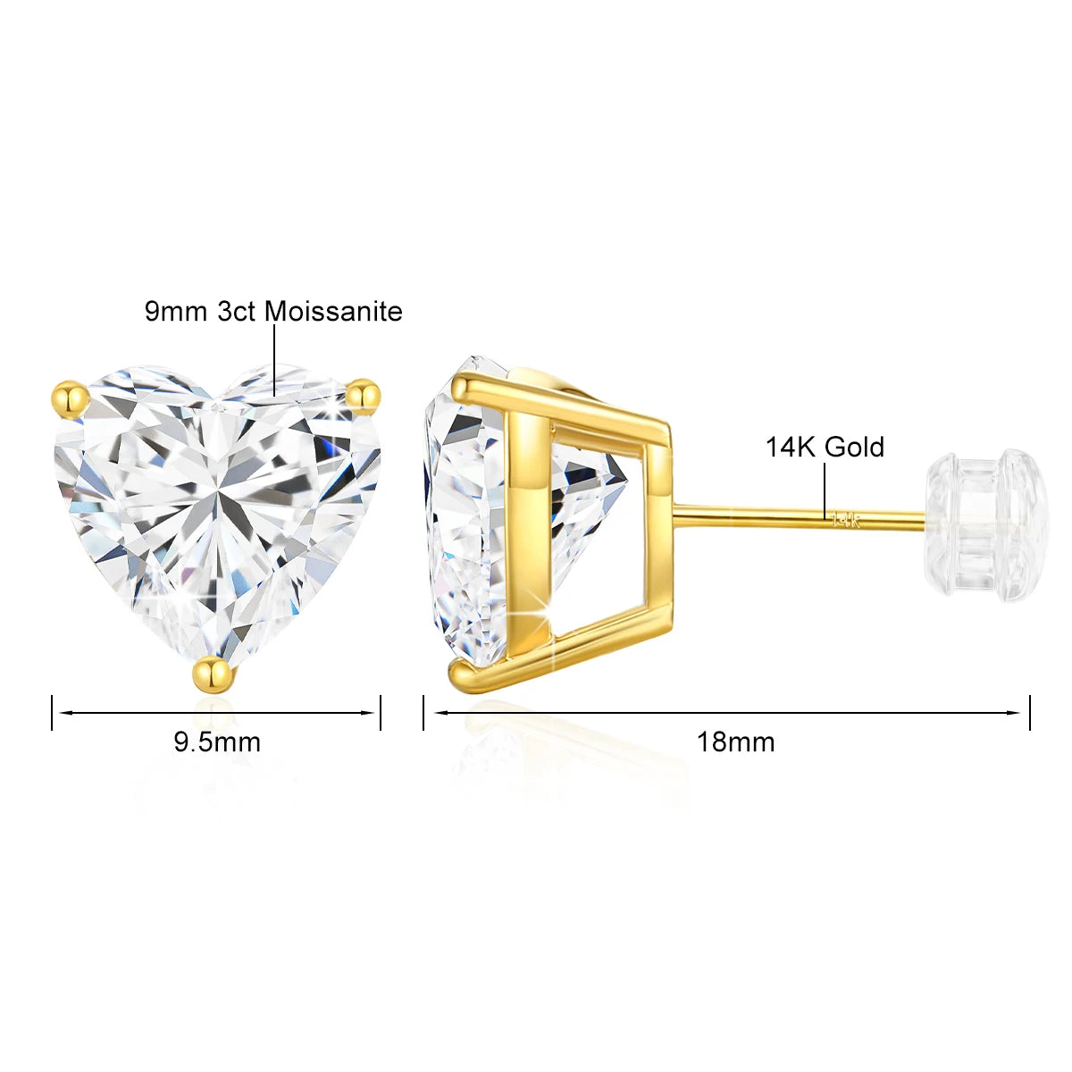 Brincos de Moissanite em Ouro 14K com Lapidação Coração.