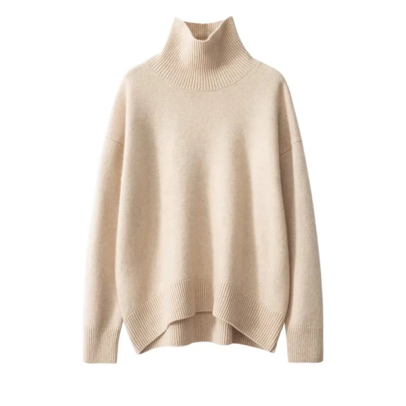 Suéter Feminino de Cashmere com Gola Alta e Corte Solto.