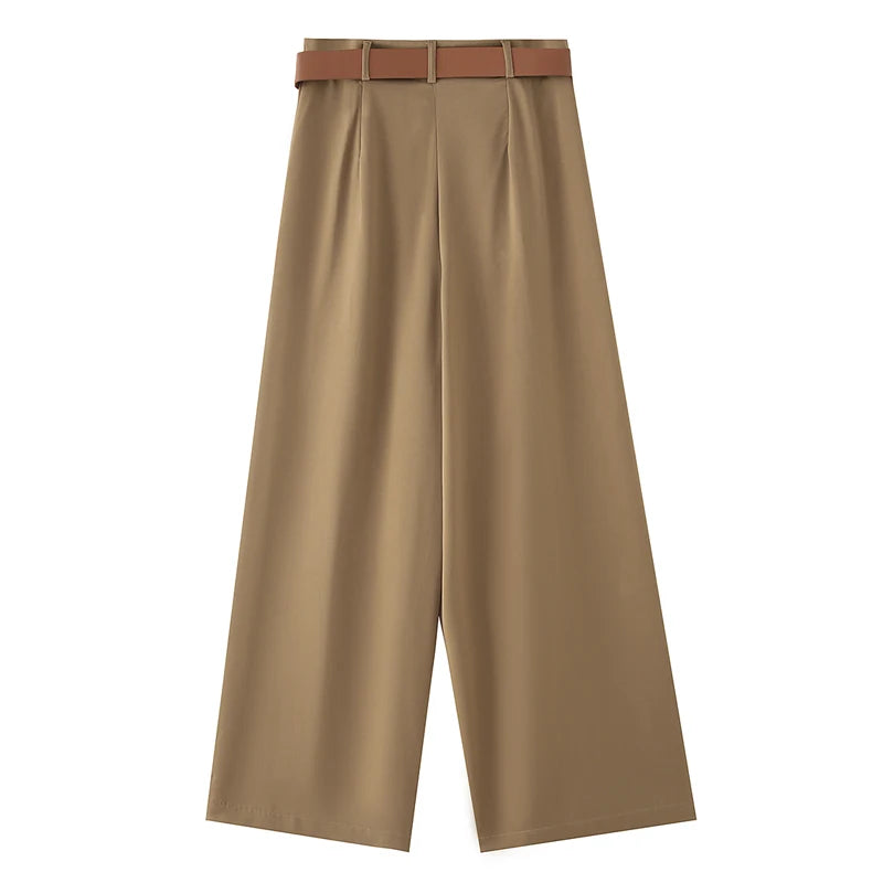 Calça Feminina de Cintura Alta e Perna Larga com Cinto