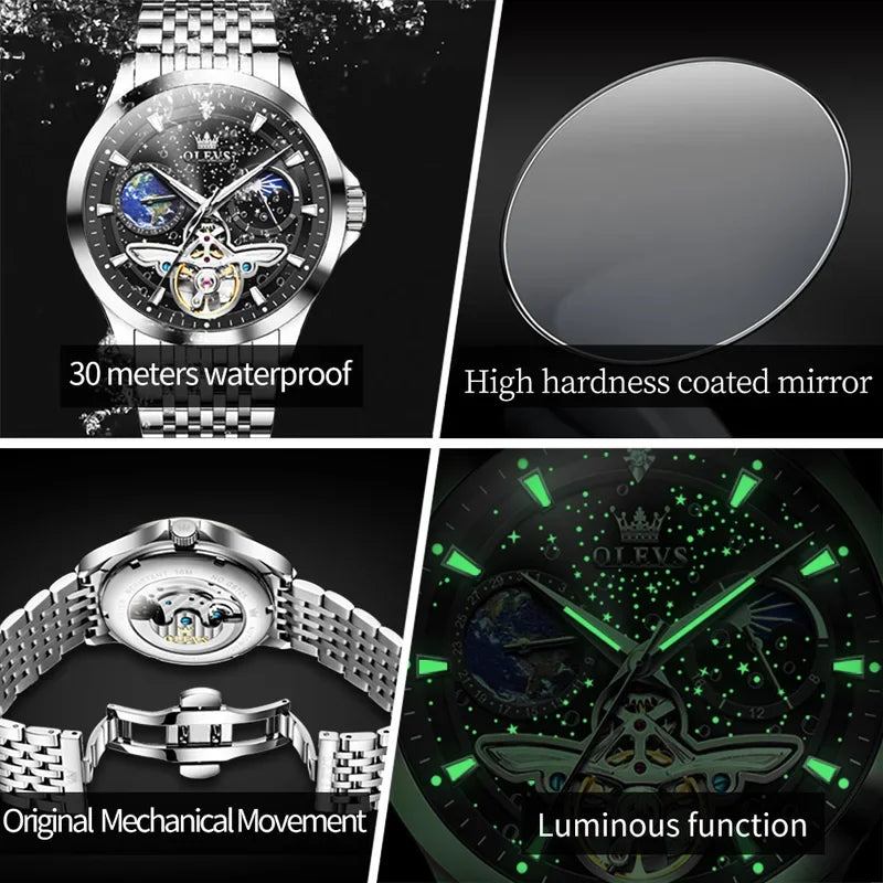 Relógio Masculino Automático em Aço Inoxidável com Turbilhão e Fases da Lua.