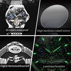 Relógio Masculino Automático em Aço Inoxidável com Turbilhão e Fases da Lua.