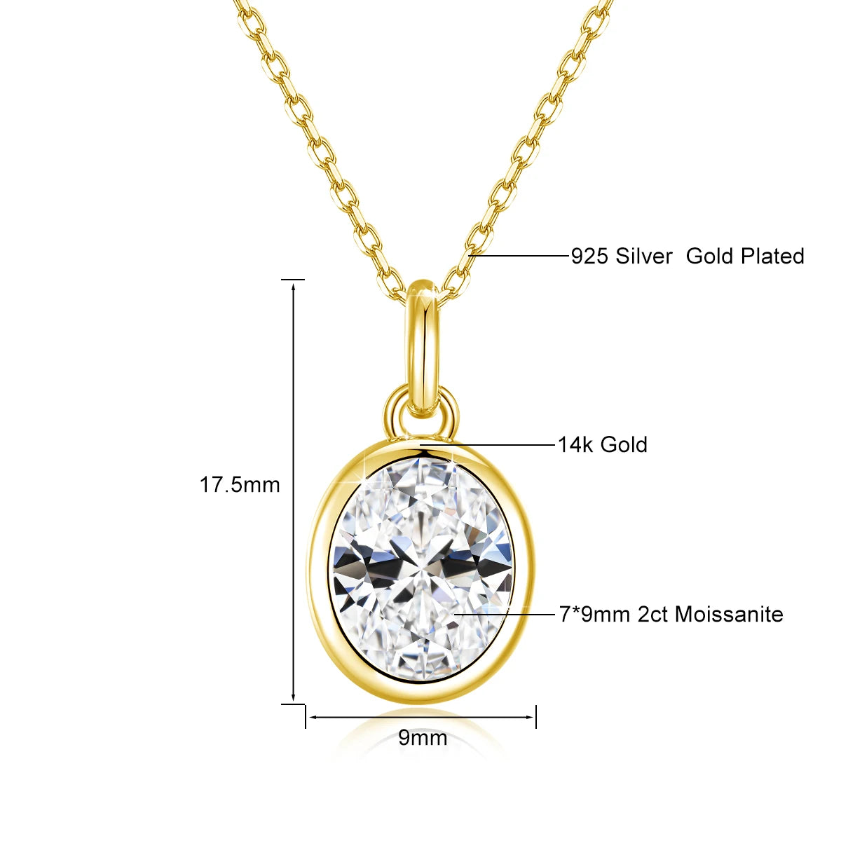 Colar Solitário de Moissanita Oval em Ouro 14K.