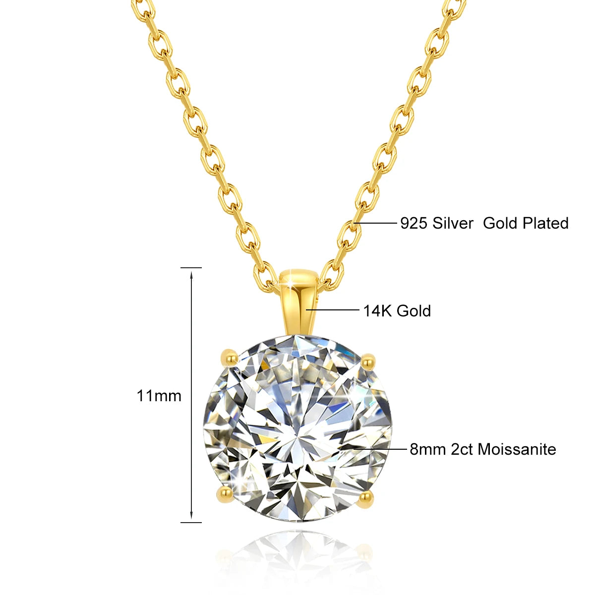 Colar Feminino com Pingente de Moissanite Redondo em Ouro 14K.