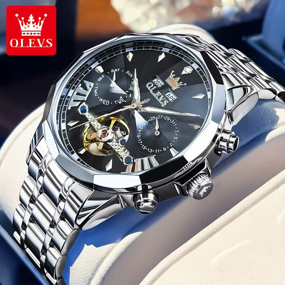 Garb Meccanico Luminar – Relógio Masculino Automático Esqueleto em Aço Inoxidável com Mostrador Prismático e Detalhes Luminosos.