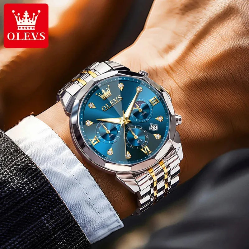 Relógio Masculino de Quartzo com Cronógrafo, Fases da Lua e Pulseira em Aço Inoxidável,